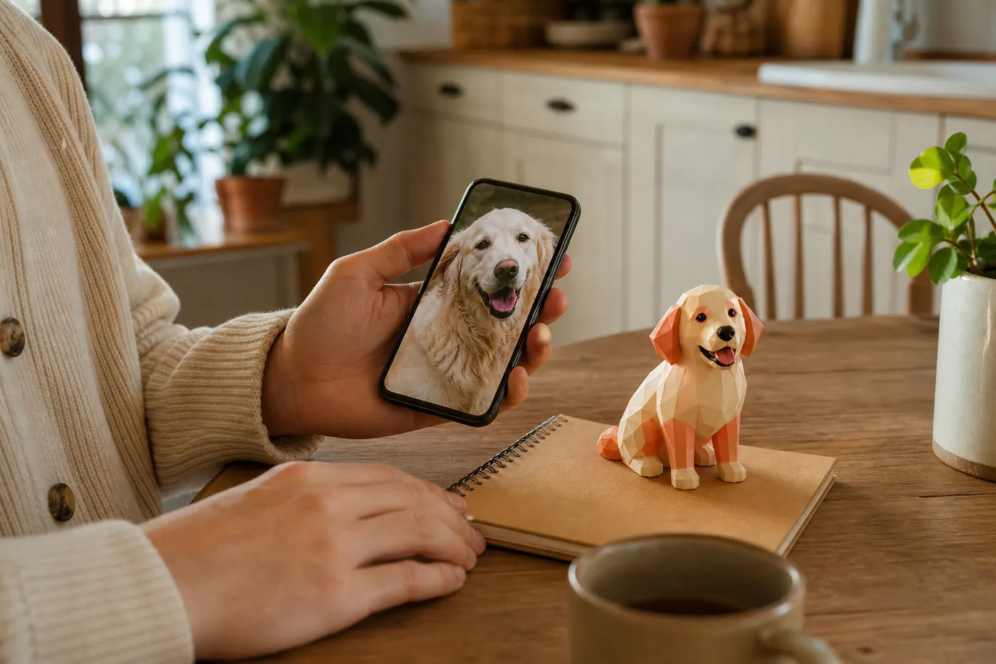 Pessoa comparando a foto do pet com uma peça 3D — imagem ilustrativa